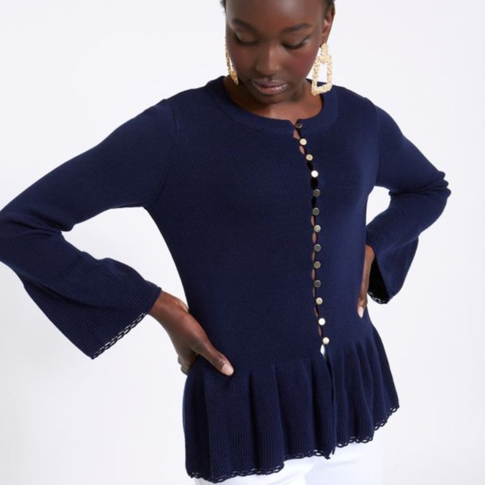 Knit Button Up Blouse with Flare Sleeves